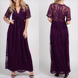 PinkBlush Plum Lace Mesh Overlay Maternity Maxi Dress